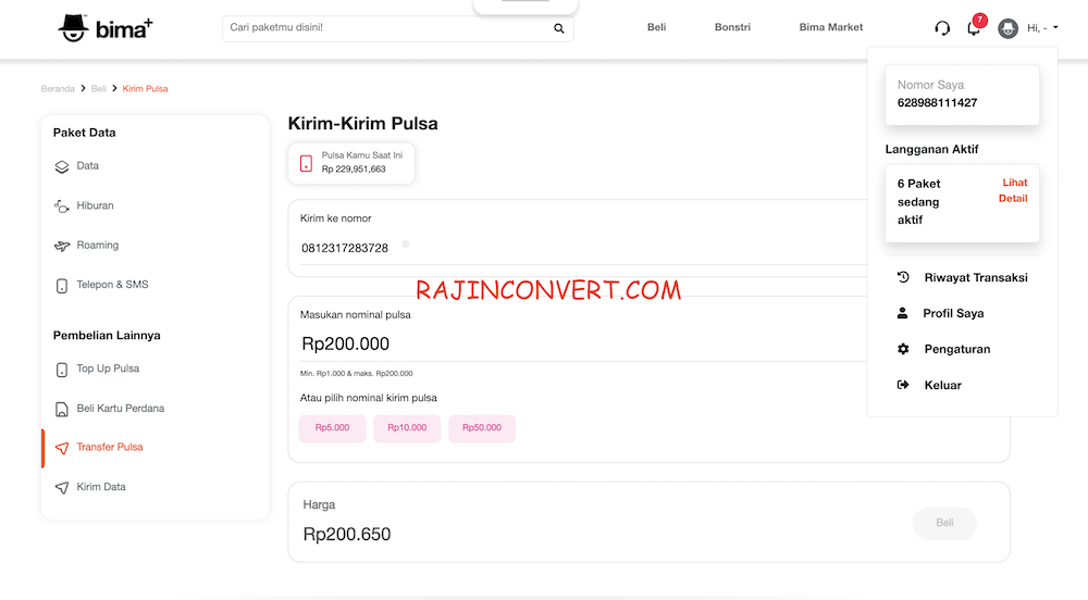 Transfer Pulsa Tri Ke Telkomsel Lewat Bima+